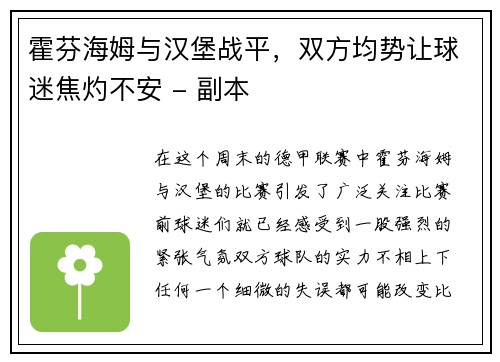 霍芬海姆与汉堡战平，双方均势让球迷焦灼不安 - 副本