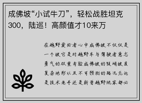 成佛坡“小试牛刀”，轻松战胜坦克300，陆巡！高颜值才10来万