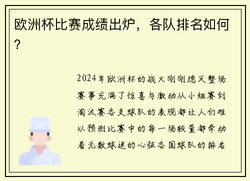欧洲杯比赛成绩出炉，各队排名如何？