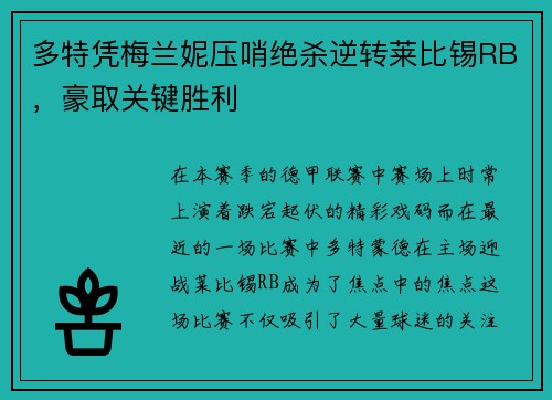 多特凭梅兰妮压哨绝杀逆转莱比锡RB，豪取关键胜利
