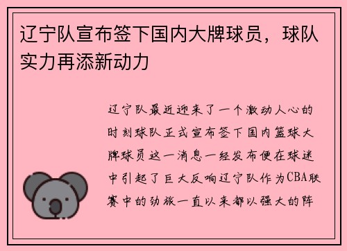 辽宁队宣布签下国内大牌球员，球队实力再添新动力