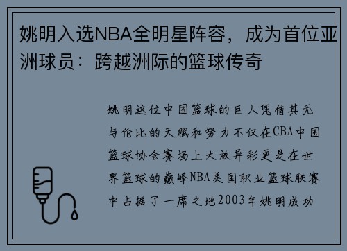 姚明入选NBA全明星阵容，成为首位亚洲球员：跨越洲际的篮球传奇