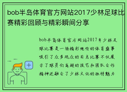 bob半岛体育官方网站2017少林足球比赛精彩回顾与精彩瞬间分享